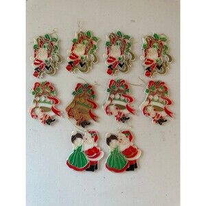 Vintage Set Of 10 Plastic Faux Stained Glass Style Santa Christmas Ornaments